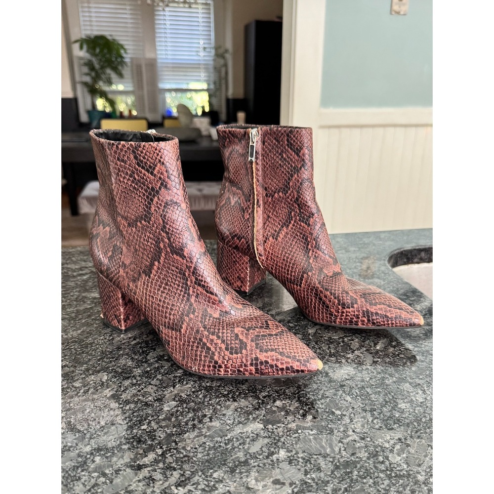 Marc Fisher LTD W8.5 Brown Snake Print Pointed Toe Ankle Booties Block Heel